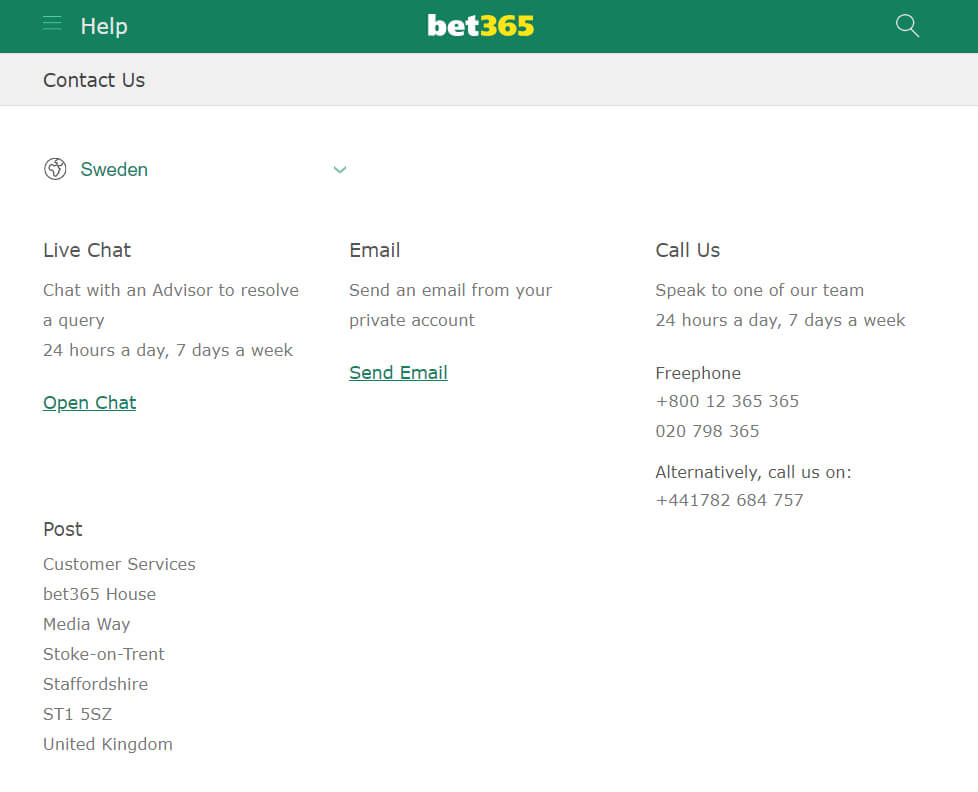 bet365 chat, sähköposti ja puhelin
